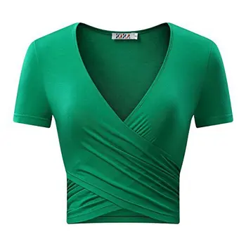 

High Quality Women T-shirt High Stretch Front Cross Bandage Deep V Neck Sexy T Shirt Woman Female Crop Tops