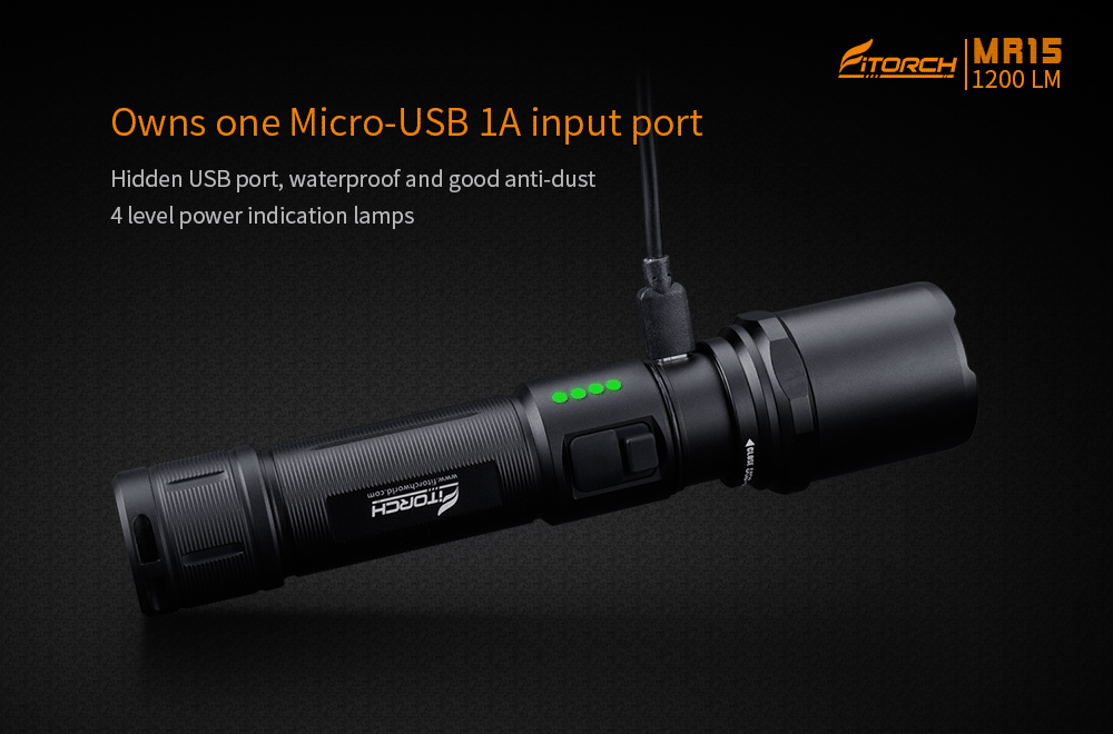 Fitorch MR15 XP-L HD 1200LM 5Modes Dual Switch USB Rechargeable Powered Indicator LED Flashlight Lantern Torch Lamp Spotlight