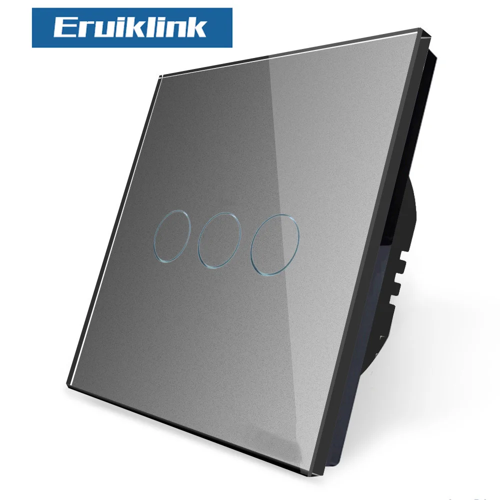 Eruiklink ЕС/Великобритания стандарт AC 110 V-250 V светильник, настенный выключатель, Хрустальная стеклянная панель, сенсорный настенный светильник - Цвет: 3 Gang Gray Switch