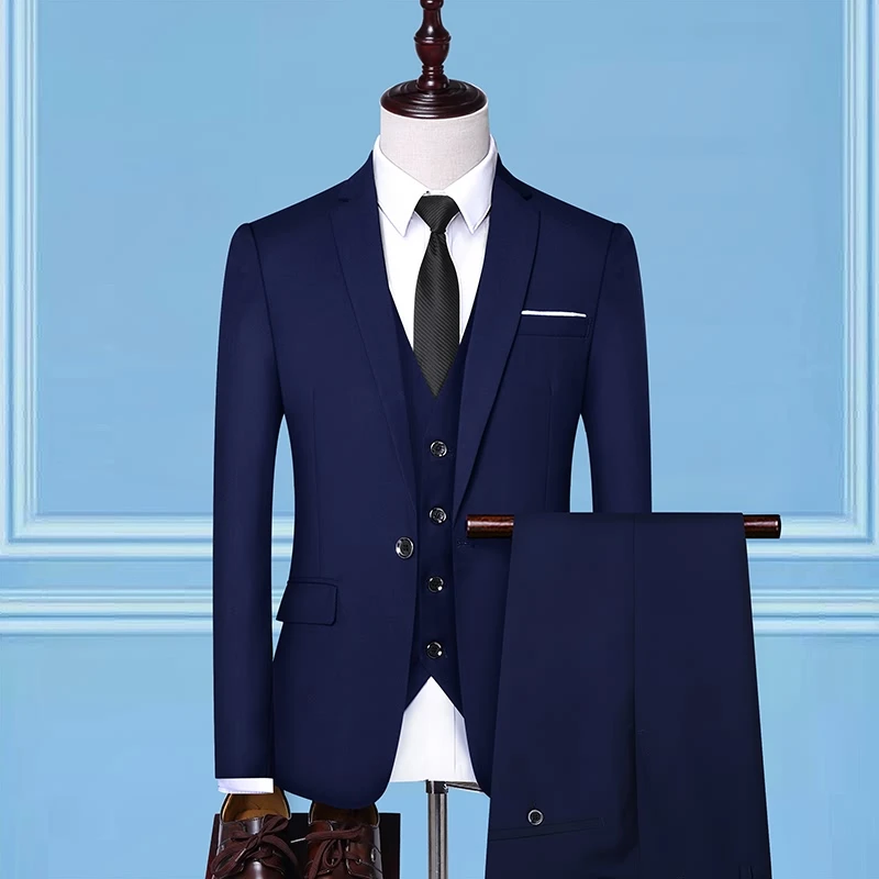 Азиатский размер костюм slim fit Мужской 3 шт костюмы свадебное платье мужской повседневный деловой пиджак Свадебный Выпускной ужин костюм жениха смокинг - Цвет: Тёмно-синий