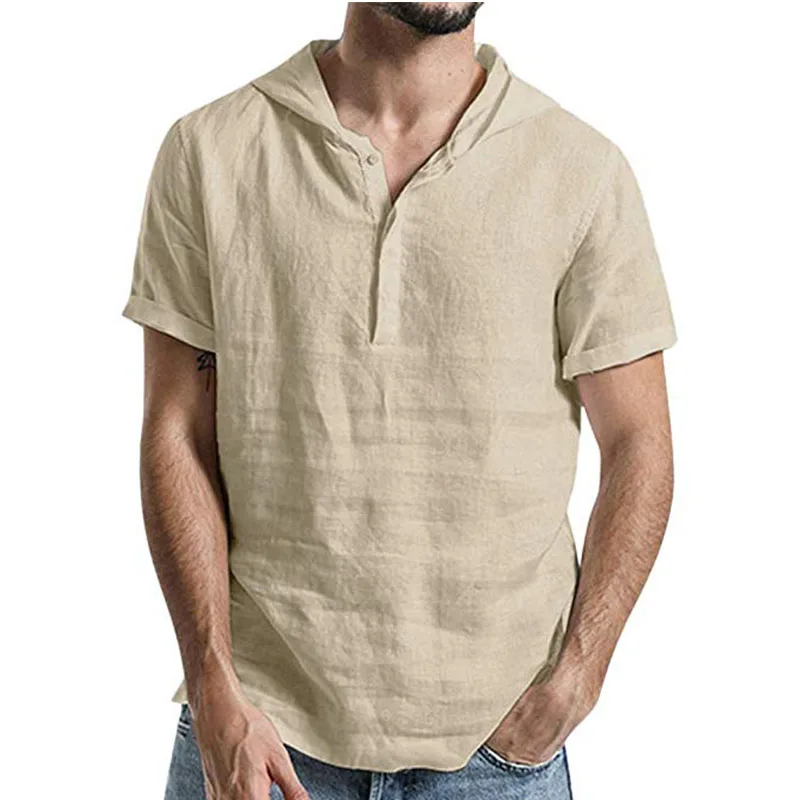 

Men Linen Plus Size Hooded Shirts Tops Summer Casual Loose Solid Buttoned half-open Male Short Sleeve Pullover Shirt Top S-5XL