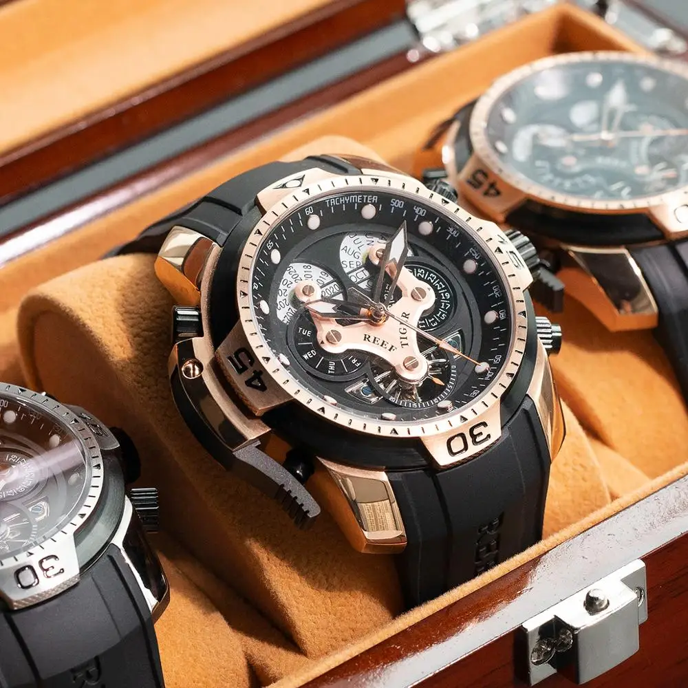 Мужские спортивные часы Reef Tiger/RT со сложным циферблатом чехол из розового золота