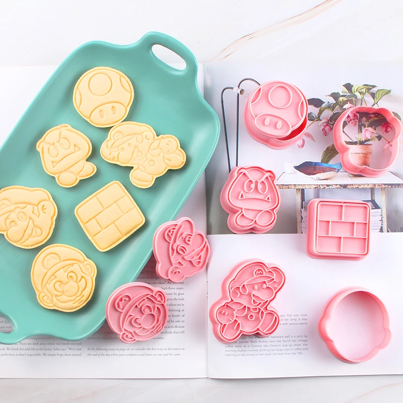 Cortador de galletas de Super Mario, juego de herramientas reutilizables para hornear pasteles, sello de galletas de plástico, decoración del hogar para fiesta, 6 uds.