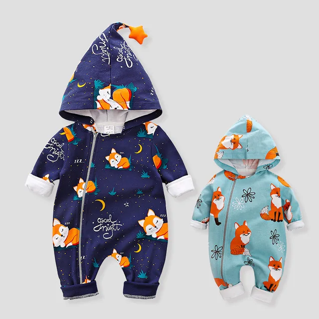 

Newborn Baby Rompers Boys Long Sleeves Hooded Fox Print Romper Jumpsuit Autumn Cotton Romper Kids Clothes Outfits