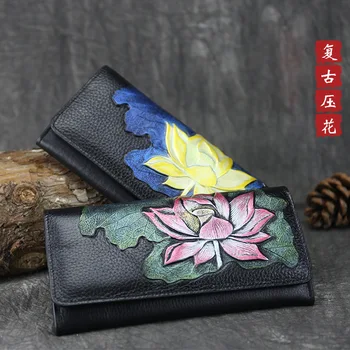 

New Women Wallets Genuine Leather Vintage Long Clutch Handy Bag Female Printing Floral Card Purse Large Money Clips