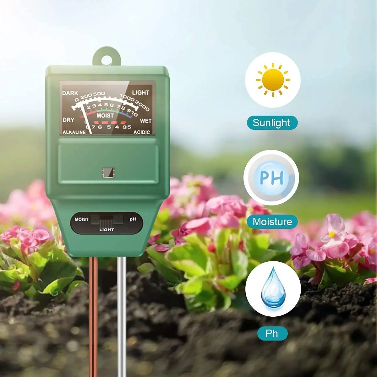 4 in1 Soil PH Moisture Meter Light Earth Plant Thermometer Temperature  Sunlight Tester Gardening Farming Tool