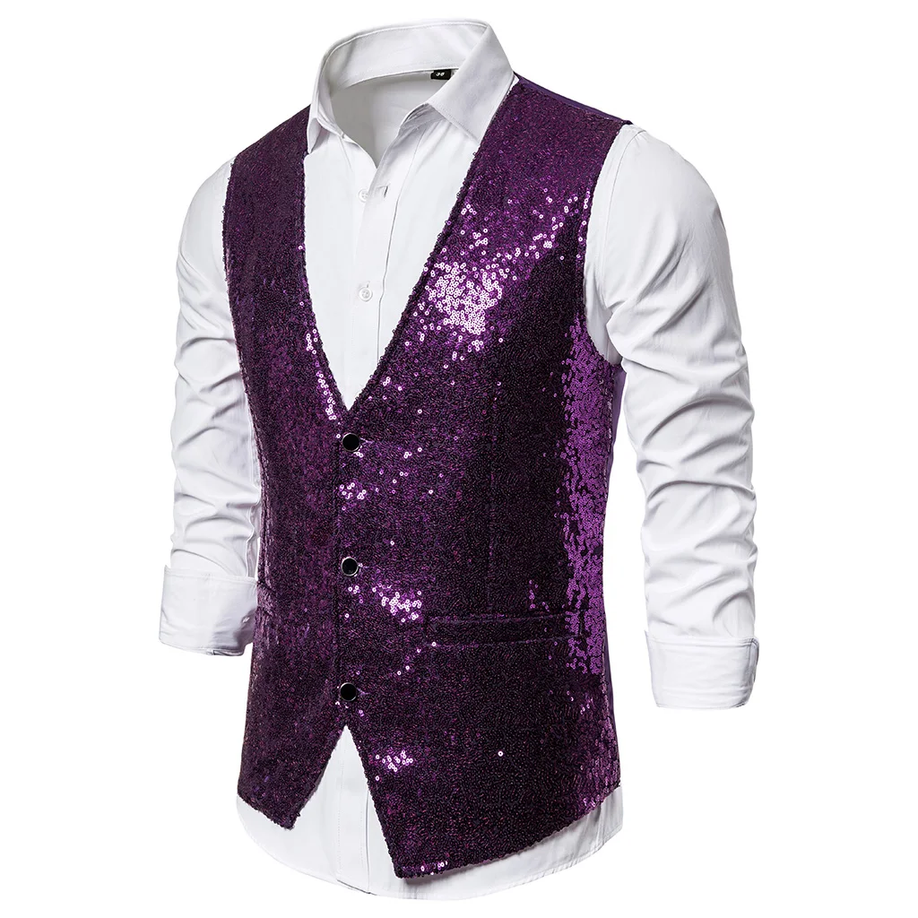 Adisputent Autumn Men Sequin Blazers Vest Gliter Suit Vest Nightclub DJ Stage Shiny Gold Sequin Bling Glitter Vest S-XXL