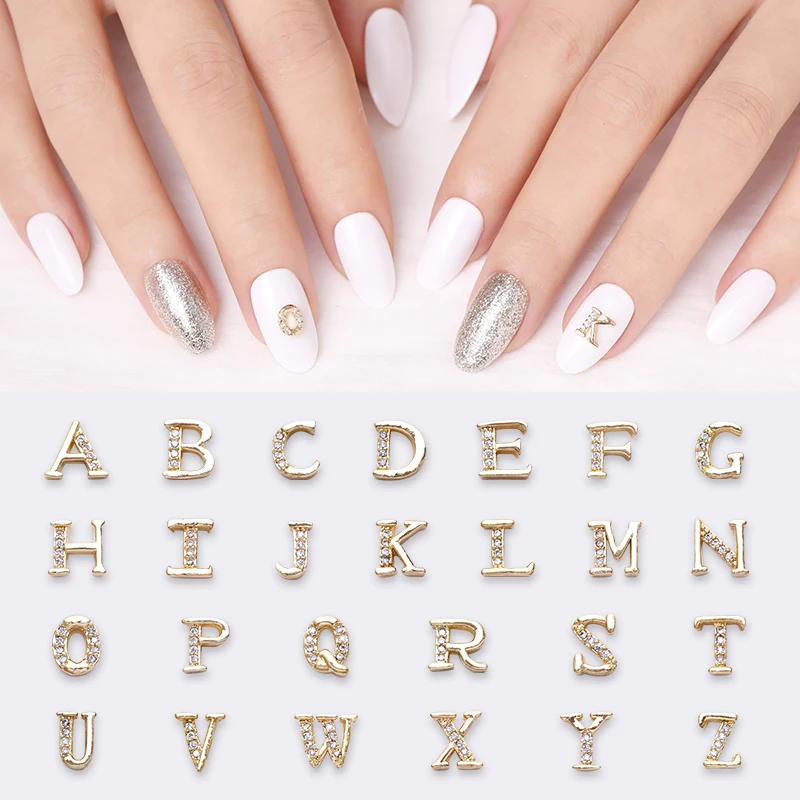 

Crystal Nail Art Decorations Jewelry Mental Nail Accessories Capital English Letters Shaped Flat Back 3D Nail DIY Designs