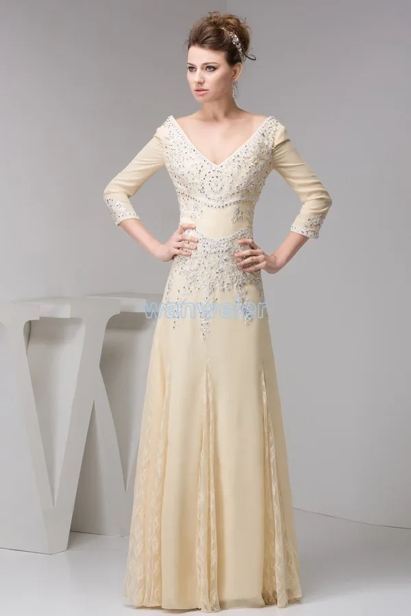 

free shipping 2016 new design hot plus size floor length cap sleeve formal beading long sleeve v-neck Mother of the Bride Dress