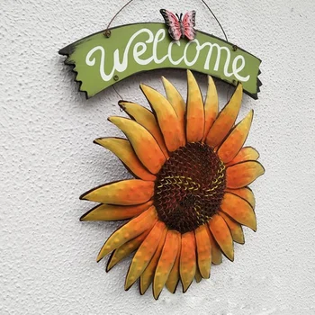 

Handcrafts Vintage Metal Butterfly Sunflower Welcome Sign Front Door Decor Hanging Outdoor Wreath Decorative Door Porch Bar Cafe