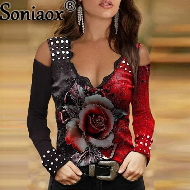 

2021 Spring And Autumn New Fashion Women Luxury Skinny Rose T-Shirt Flower Printed Off-Shoulder Rhinestone Long Sleeve Clothing