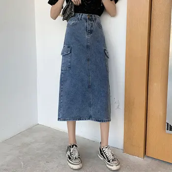 

2020 Spring And Summer Mid-length Denim Skirt Skirt Female High-waist Side Pockets Split Skirt