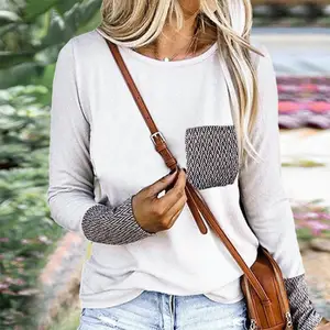 Women Blouses 2020 Spring Autumn Fashion Casual Women Solid Color Long Sleeve O Neck Patchwork Pullover T-shirt Blouse