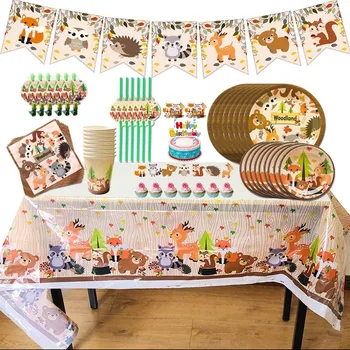 

Baby Shower Woodland Animals Disposable Tableware Set Paper Plate Straw Cup for Jungle Animal Birthday Decoration Party Supplies