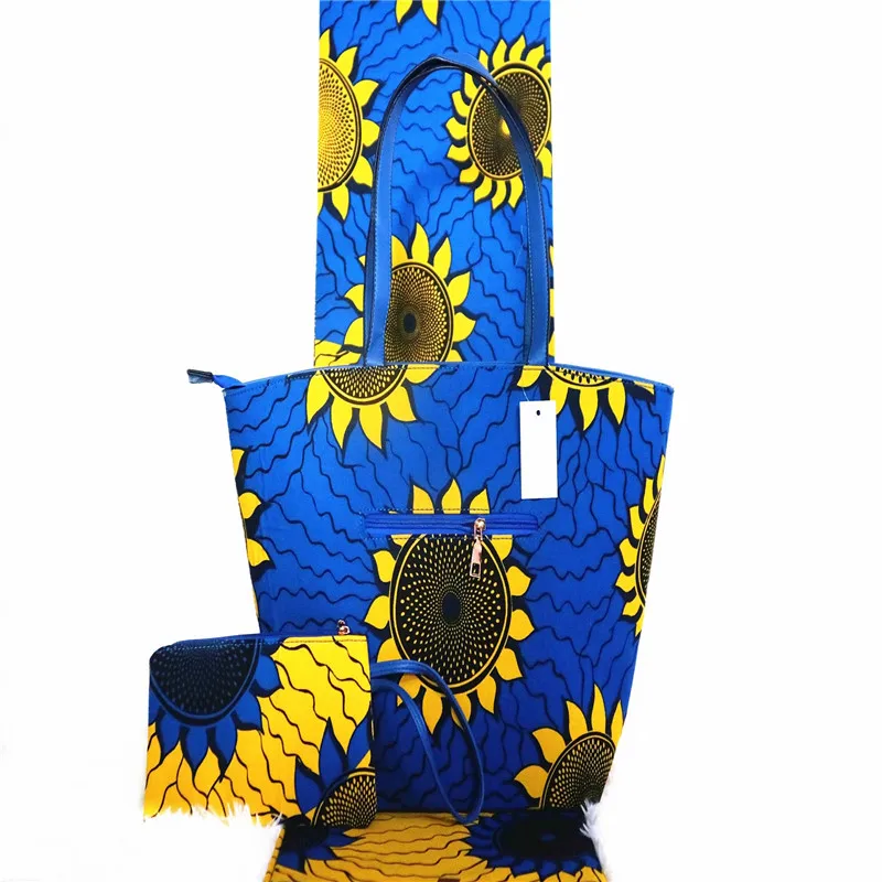 

High Quality African Wax Bag set With 6 Yards Wax Prints Fabric For Sewing Dress/ Woman Handbag To Match