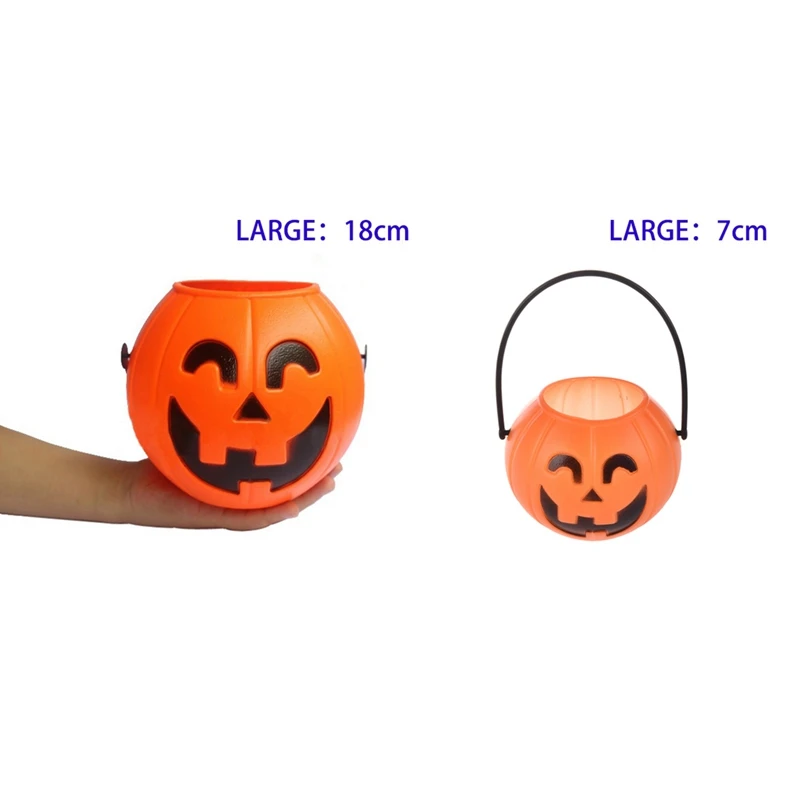 2 Pcs Halloween Pumpkin Trick Treat Loot Sweet Candy Carry Holder Jar Jug Barrel Party, 18CM& 7CM