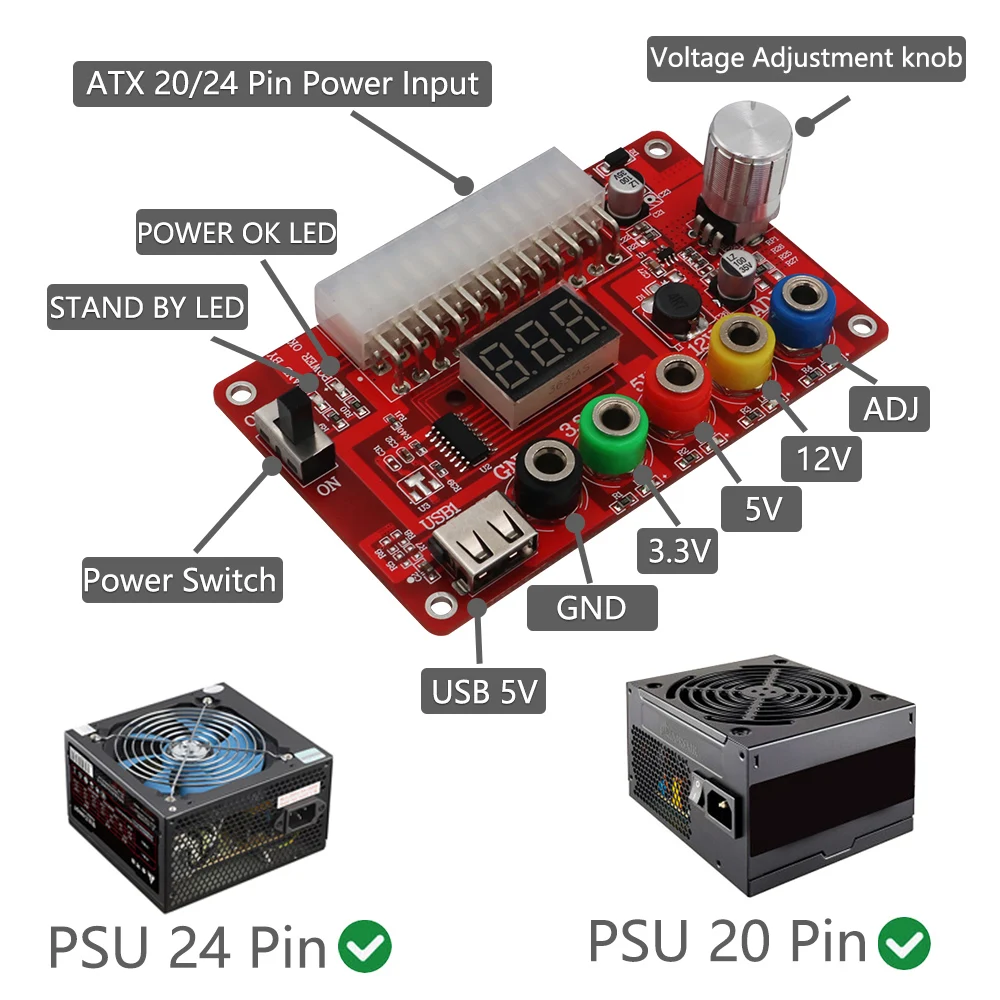 ATX 24 Pin Power Supply Breakout Board Acrylic Case Kit Module Power Divider Connector Board Support 3.3V/5V/12V 1.8V-10.8V(ADJ) 2