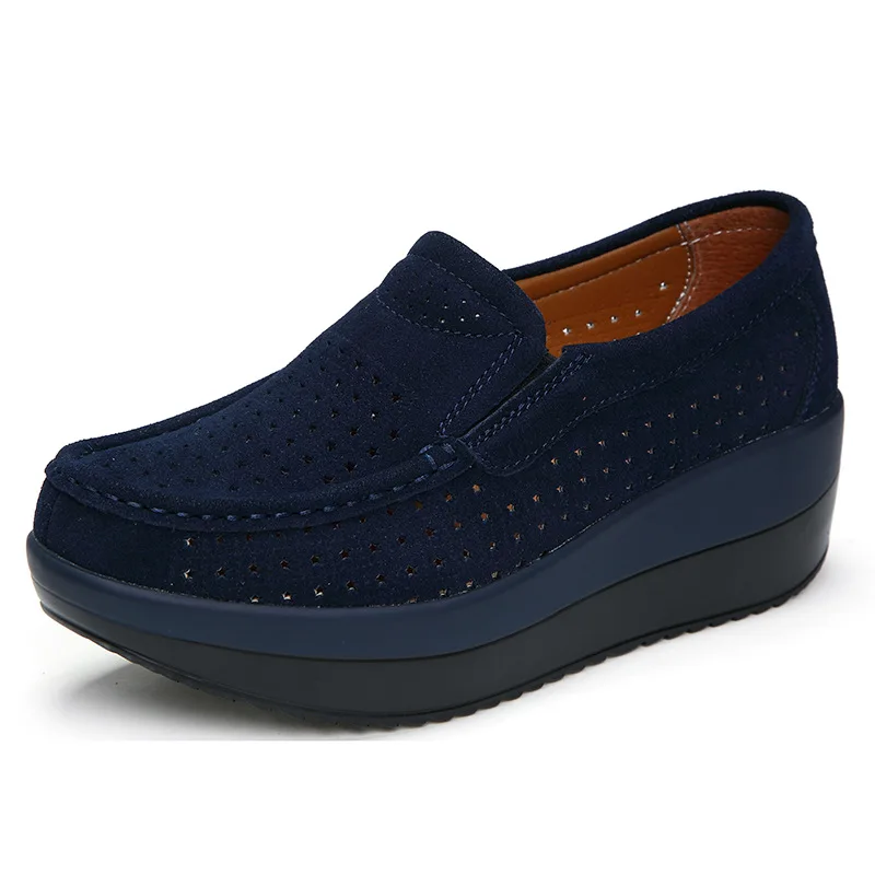 563ji Women Flat Platform Loafers Ladies Elegant Suede Leather Moccasins Shoes Woman Slip On Moccasin Women's blue Casual Shoes - Цвет: Синий