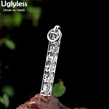 

Uglyless Buddhistic Long Square Pendants for Men Women Unisex 925 Silver Thai Silver Six-word Mantra Necklaces NO Chains P860