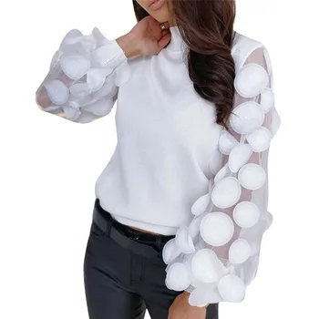 

Fashion 2020 Womens Lace Mesh Polka Dots Blouses Ladies Elegant Casual Loose Puff Long Sleeve Shirts female Turtleneck Tops