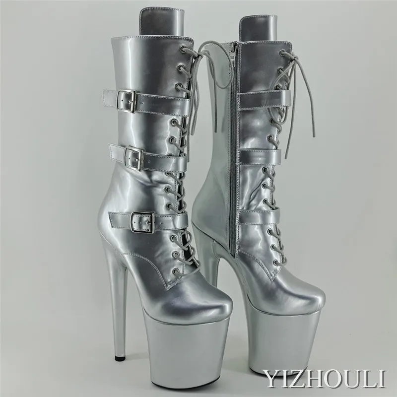 

Shiny silver and black 20cm / 8in pole dancing heels, round top and buckled party booties with thick soles