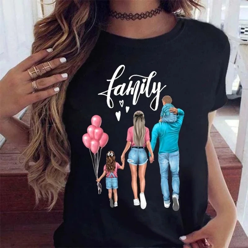 Women Clothing Cartoon Family Happy Time Mama Mom Mother Short Sleeve Clothes Print Tshirt Female Tee Top Graphic Black T-shirt vintage tees Tees