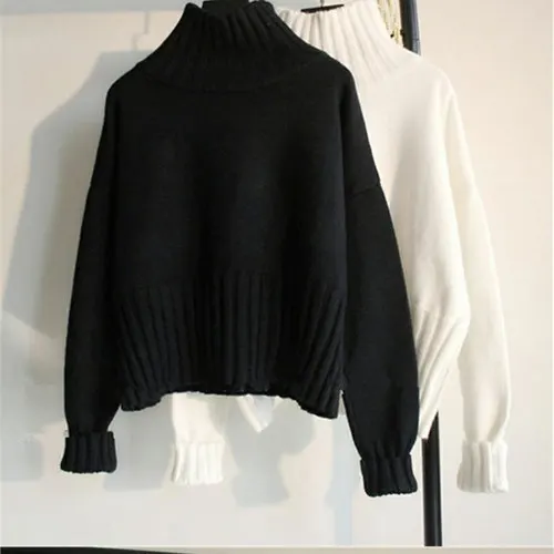 Модный дизайнерский свитер с высоким воротом, женский джемпер, зима, Свободный вязаный пуловер с длинным рукавом, женский свитер, черный, белый - Цвет: Черный