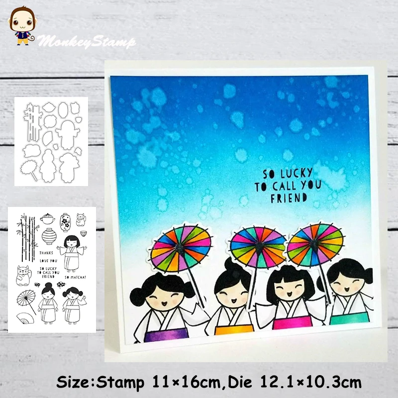 

Monkey Japanese kimono girl Metal Cutting Dies and Stamps Stencil for DIY Scrapbooking photo album Embossing DIY Paper Cards
