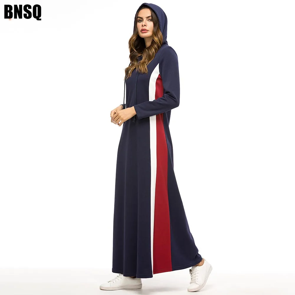BNSQ Модные женские осенние худи Макси платье на шнурке с длинным рукавом Свободные толстовки пуловер спортивный костюм мусульманская абайя Турция