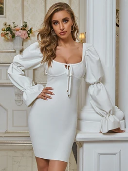 

High quality light grey square collar rayon bandage fashion celebrity evening dress