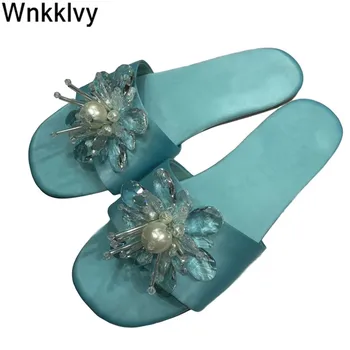 

New dress Slippers summer Shoes Woman Flipflops crystal flowers Lazy Mulles flat heel satin silk rhinestone sandals slides