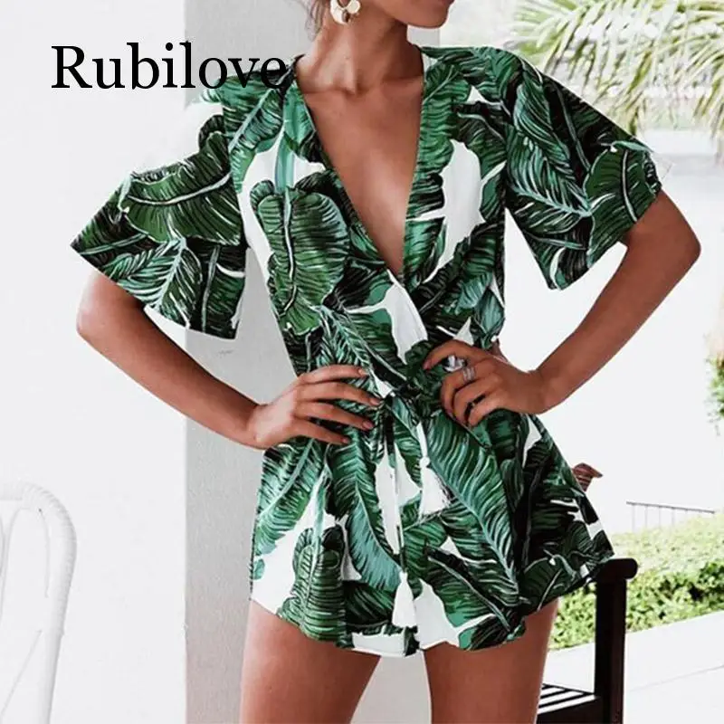 Rubilove, Летний комбинезон для женщин, сексуальный комбинезон с глубоким v-образным вырезом, повседневный комбинезон с оборками и рукавом