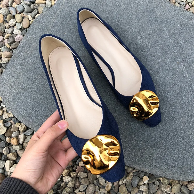 

2019 Spring Locke Metal round Buckle Shoes Women's Flat Comfortable WOMEN'S Shoes Korean-style Low-Cut Square Head Side Scoop Bo