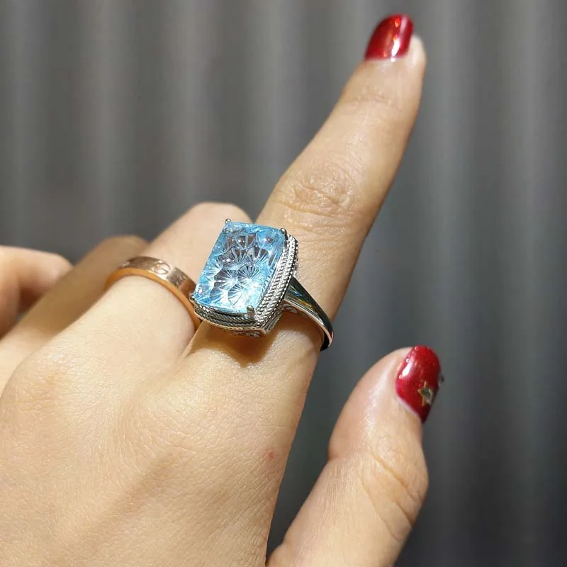 

FLZB, Fashion jewelry Finger Ring setting with natural sky blue topaz honeycomb cut 8.5ct high quality special rings for women