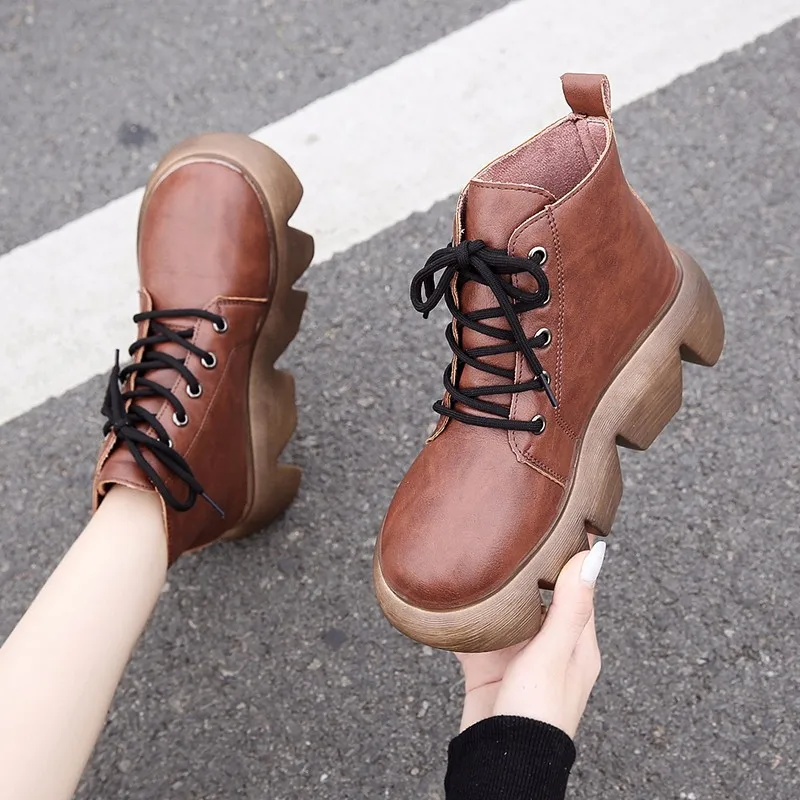 Boots Female Women Shoes Ankle 2020 New Autumn British Wind  PU Leather Thick with Short Boots Motorcycle Boots