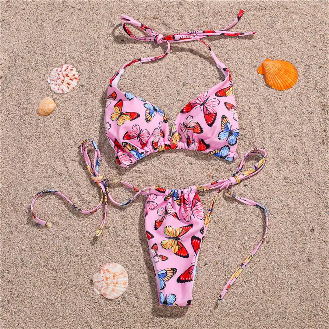 Sexy Butterfly Printed Halter Bikini Women Swimwear Female Swimsuit Two-pieces Bikini set Thong Bather Bathing Suit Swim V2409