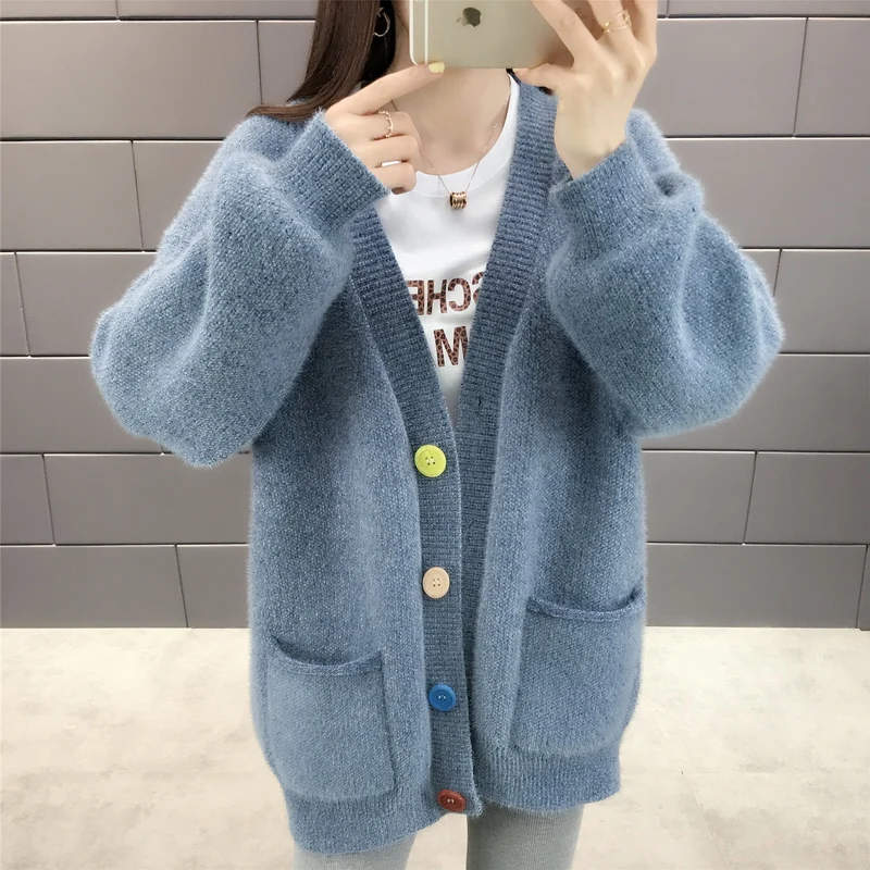 Модный женский милый кардиган осень-зима Harajuku Свободный вязаный свитер большого размера куртки на одной пуговице