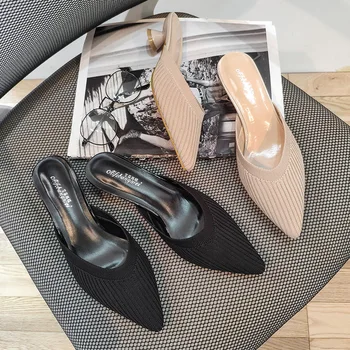 

Pointed knitted half slippers 2020 middle heel sandals women's outside wear shoes