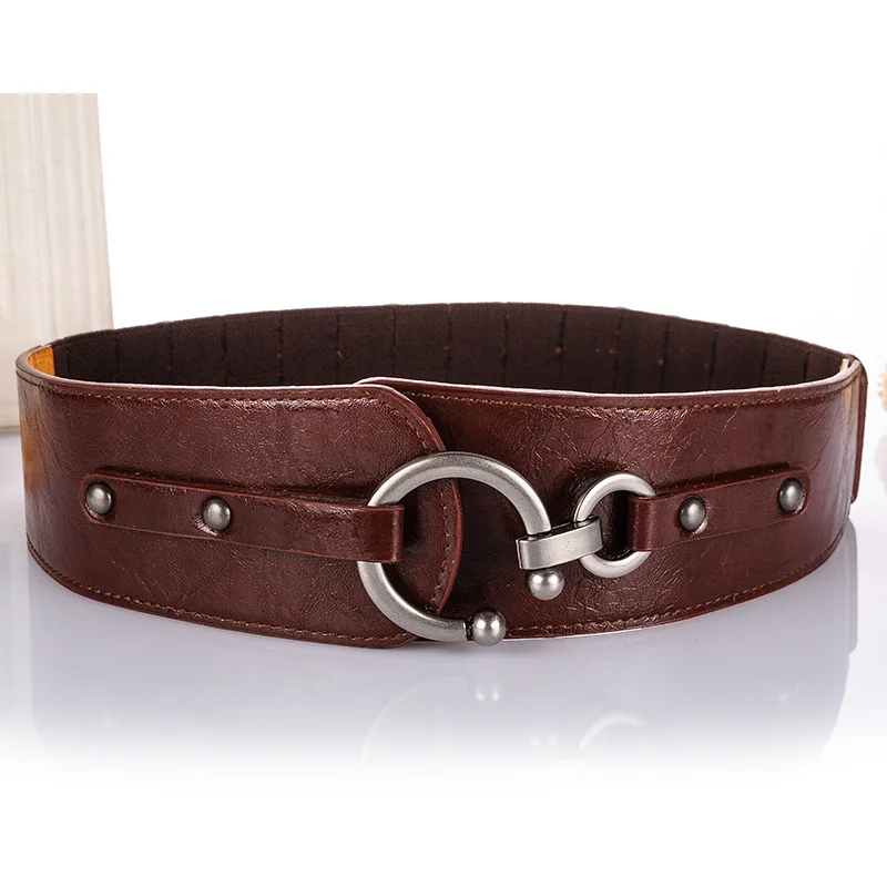 H9847 Wide Elastic Waist Belt Ladies Leather Waist Seal High Quality Fashion Cummerbunds Metal Buckle Vintage Casual Waistband - Color: Coffee