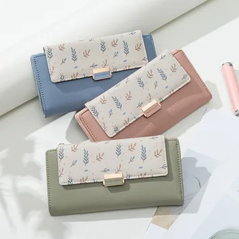 

Women's Wallet 2019 New Fashion Leaf Print Women's Wallet Cute Colorblock Long PU Buckle Wallet Card Holder women wallets