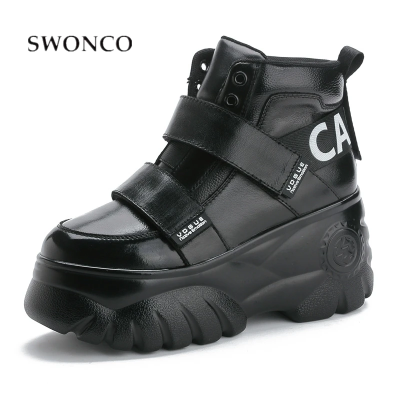 

SWONCO Fashion Shoes Sneakers Women 2019 Autumn New Female Hook Loop Ankle High Wedge Sneakers Platform Genuine Leather Shoes