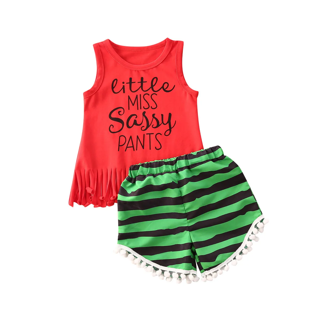

Toddler Baby Girls Clothes Summer Sets Letter Print Vest Sleeveless Tassel O-neck Tops+Striped Tassel Shorts Beach Outfits 1-6Y