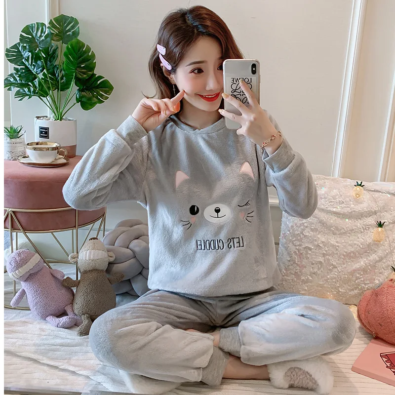 q9651 gray Winter Women Pyjamas Sets Thick Warm Coral Velvet Pajamas Suit Flannel Long Sleeve Cartoon Top+Pants Sleepwear Night Clothes Set - Цвет: q9651 gray