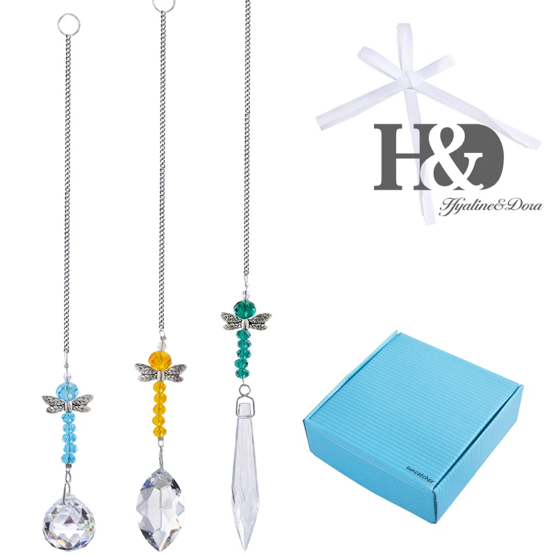 H&D Set of 3, Hanging Chandelier Crystals Prisms Pendants Dragonfly Ball Chakra Suncatcher Rainbow Maker Garden Home Decoration
