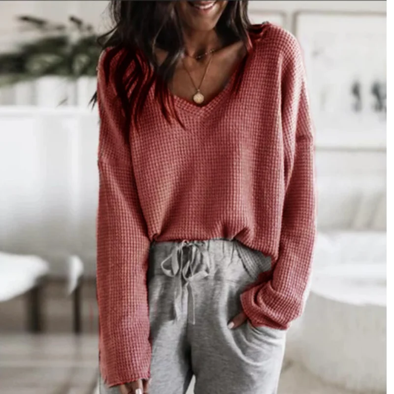 

2020 New European and American Cross-border Autumn Loose Sexy V-neck Top Long Sleeve Bottoming Shirt Women AT0073