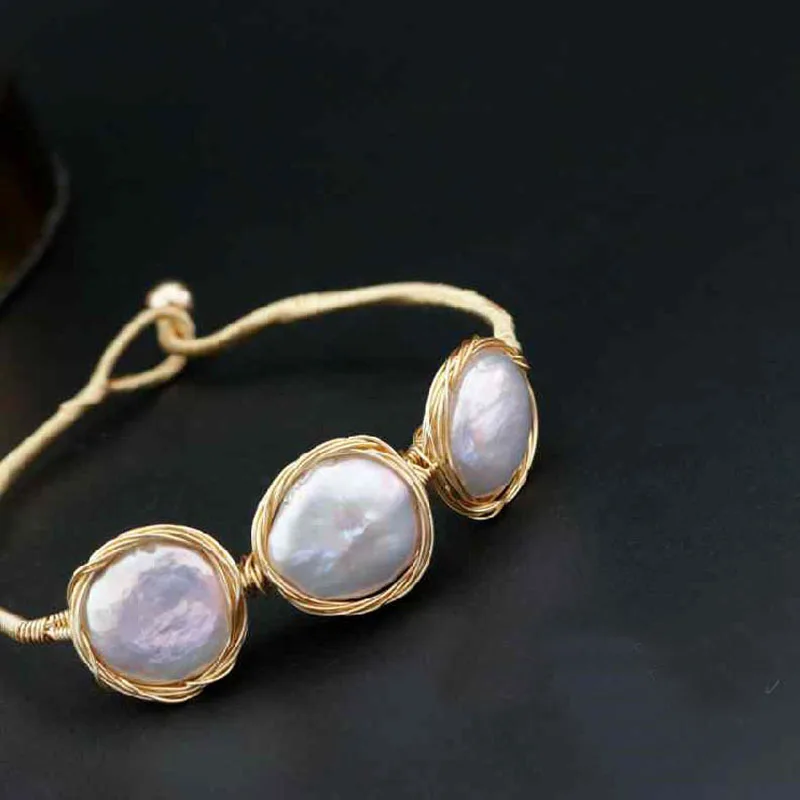 Bracelets for Women Hademade Brass wire Winding Braclet on hand Real Freshwater Pearls Baroco style femme Birthday Gifts