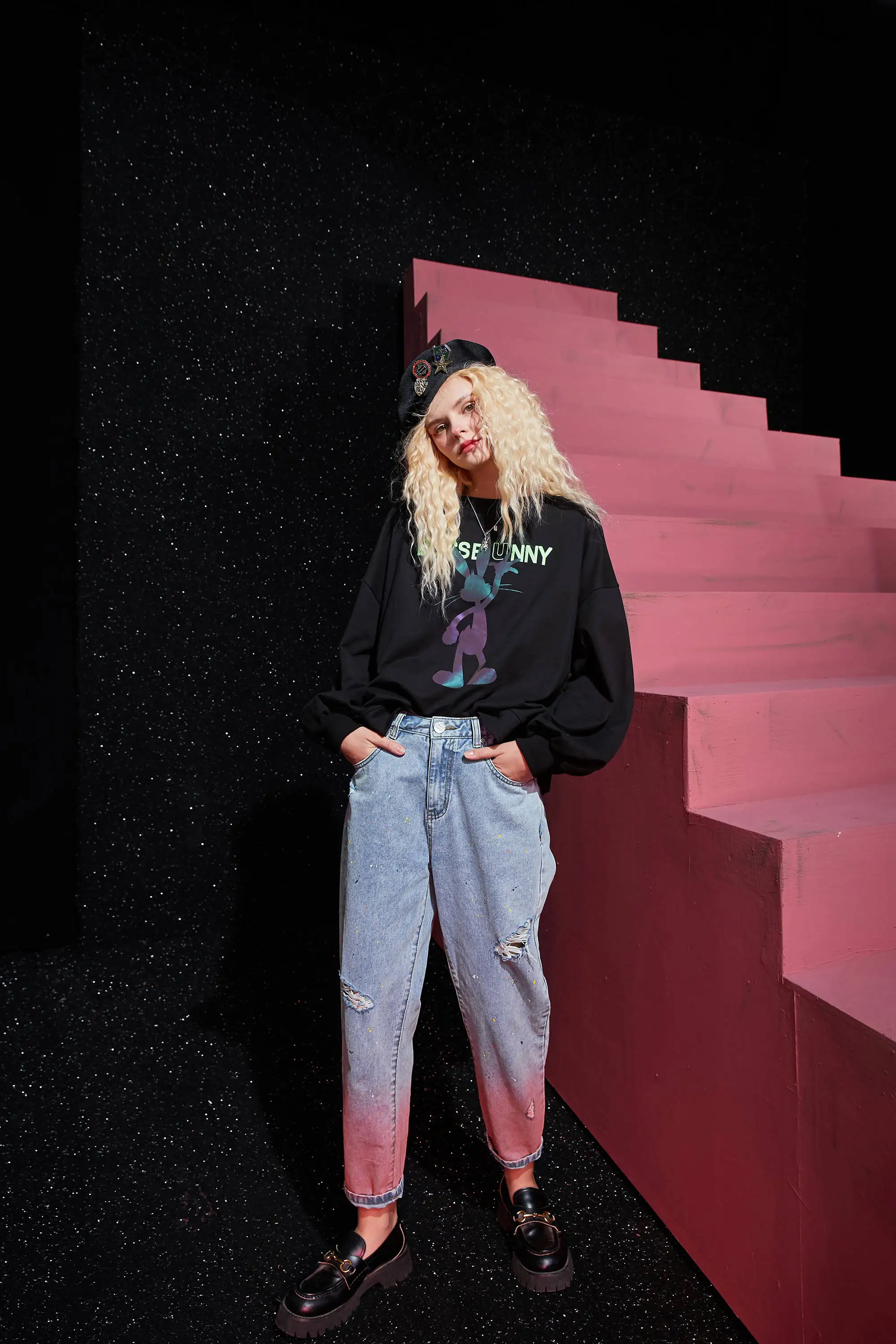 ELFSACK Pink Gradient High Waist Washed Casual Women Denim Jeans,2020 Autumn ELF Ripped Hole Korean Female Daily Basic Trousers