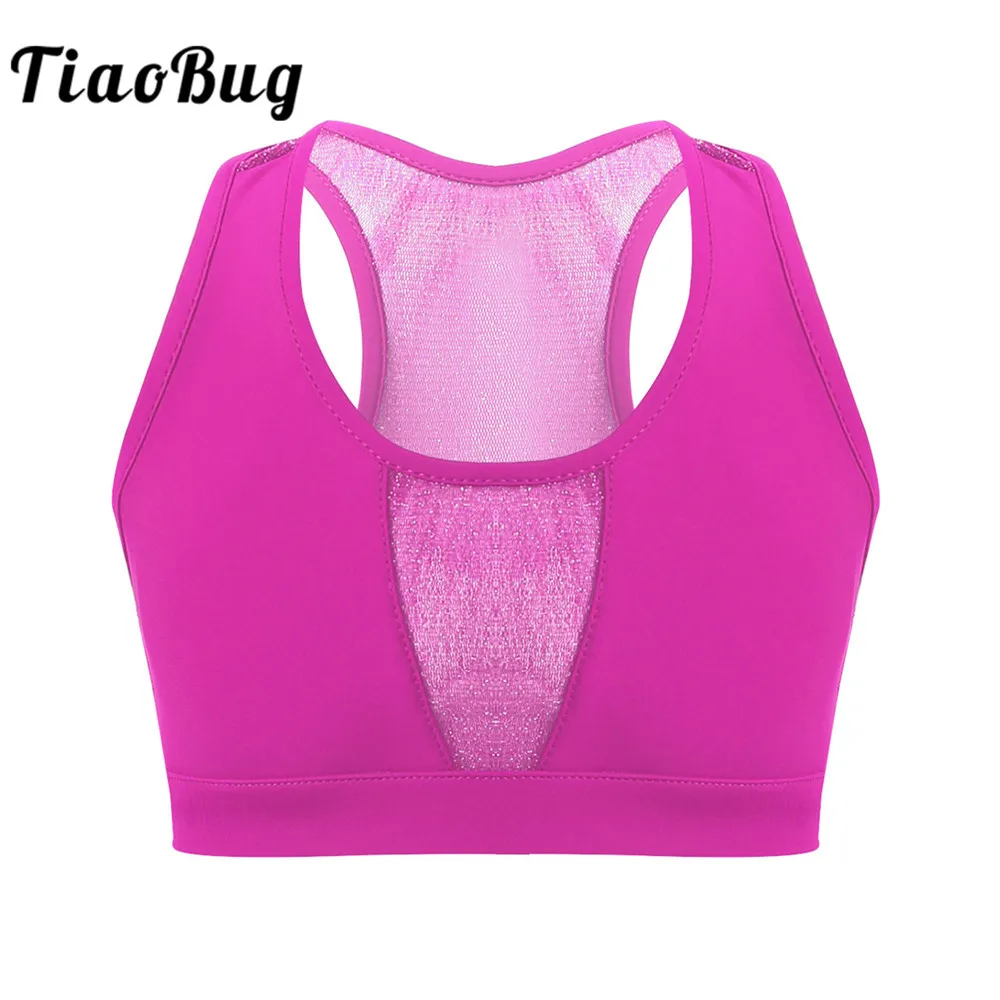 

Kids Solid Color Sleeveless Racerback Stretchy Mesh Splice Crop Tops Girls Ballet Gymnastics Tops Stage Performance Dance Wear