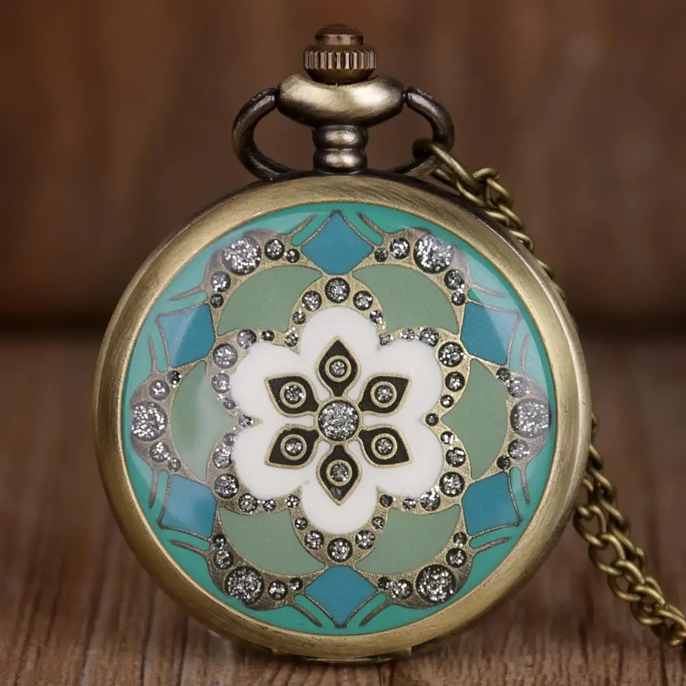 Ретро Винтажные белые и черная керамика цветы карманные часы с цепочкой ожерелье кулон Fob часы