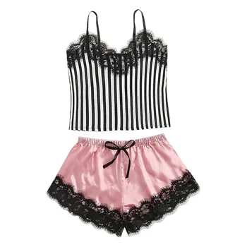 

pijama satin New Women Lace Satin Stripe Wireless Bra Camisole Pajamas Sleepwear Lace Splice Bowknot Shorts Set pijama de seda